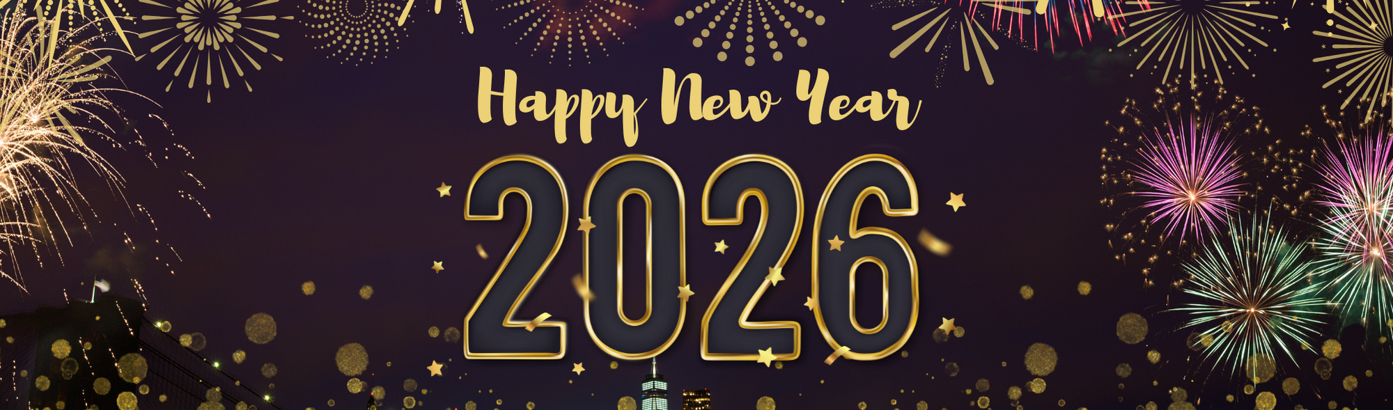 Happy New Year 2026   black background with  colorful fireworks.