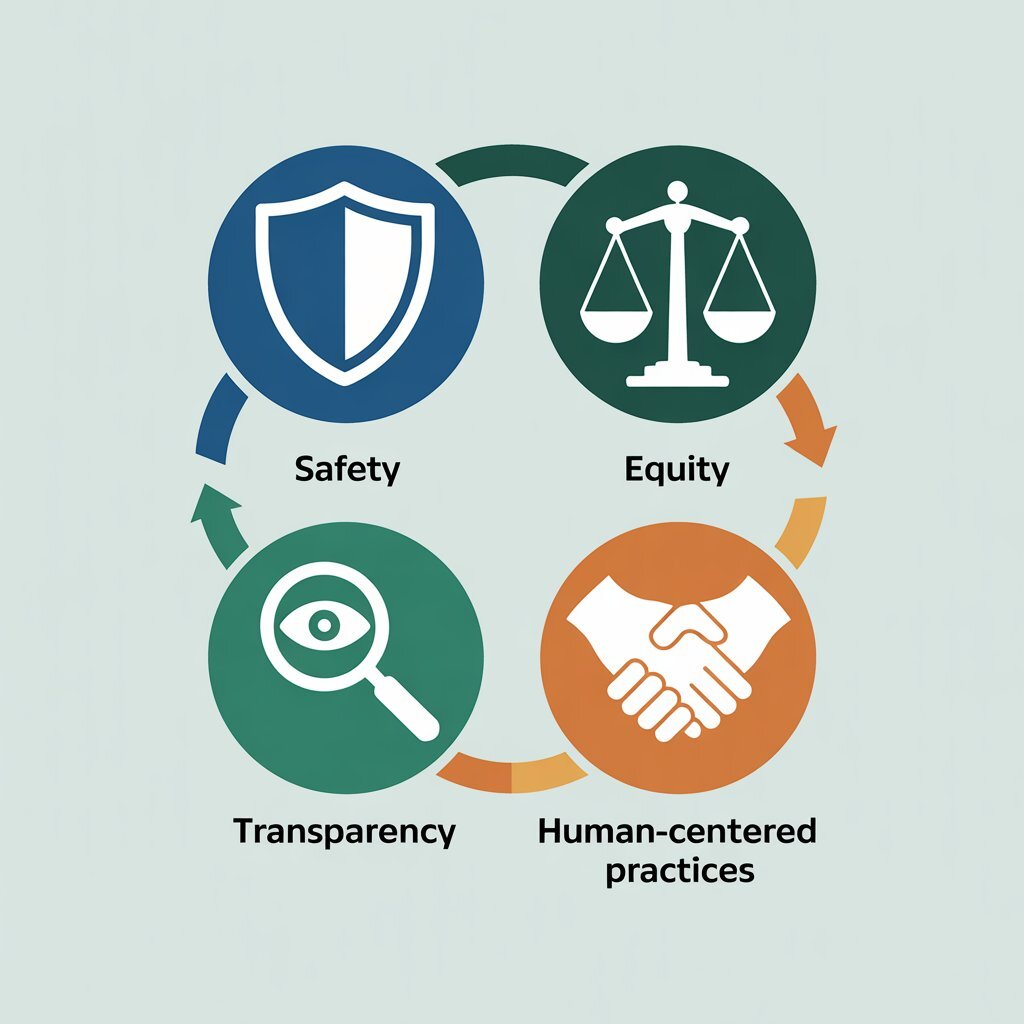 Ensure Safety, Equity, Transparency, and Human-Centered Practices diagram clip art style