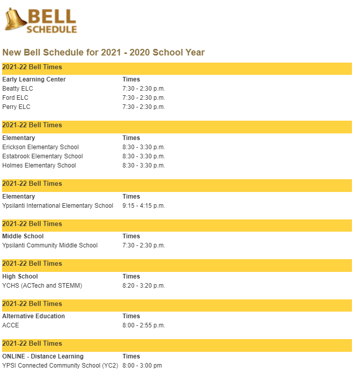 2021/2022 YCS Bell Times