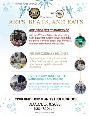 lyer for arts, beats, and eats at ypsilanti community high school images of student activities for the arts, beats, and eats - snowflake background candy canes and christmas ornaments.