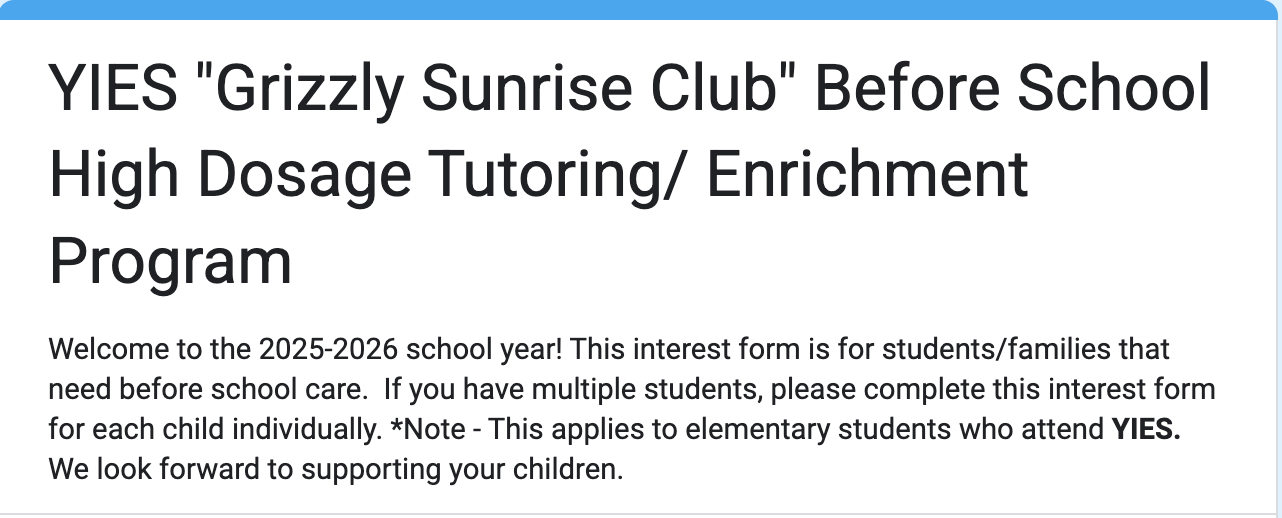 YIES Sunrise Club Before School Program